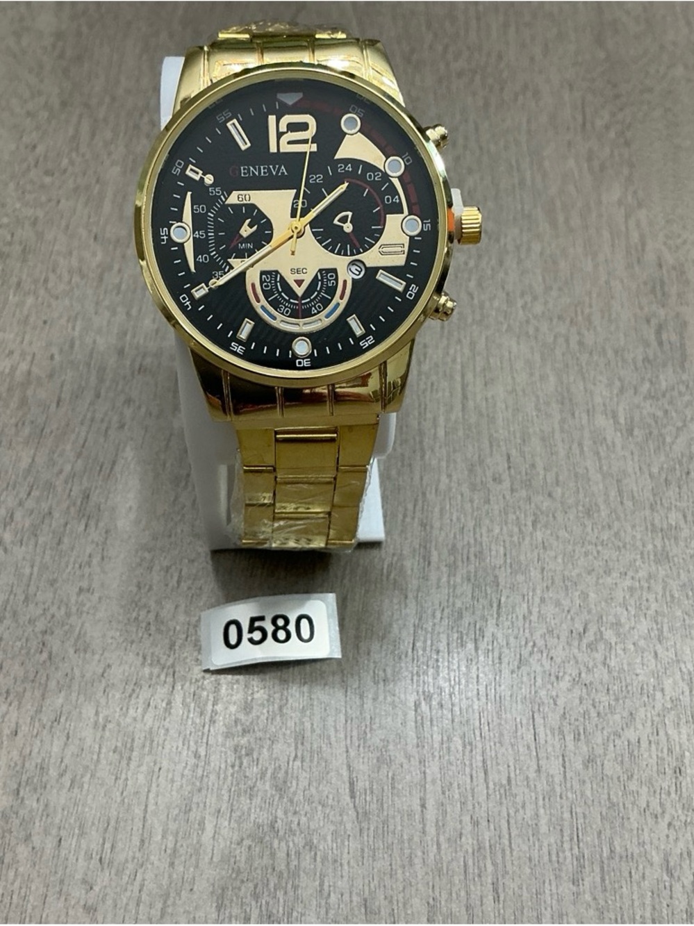 Geneva Gold-Tone Watch with Black Dial and Multi-Function Subdials
